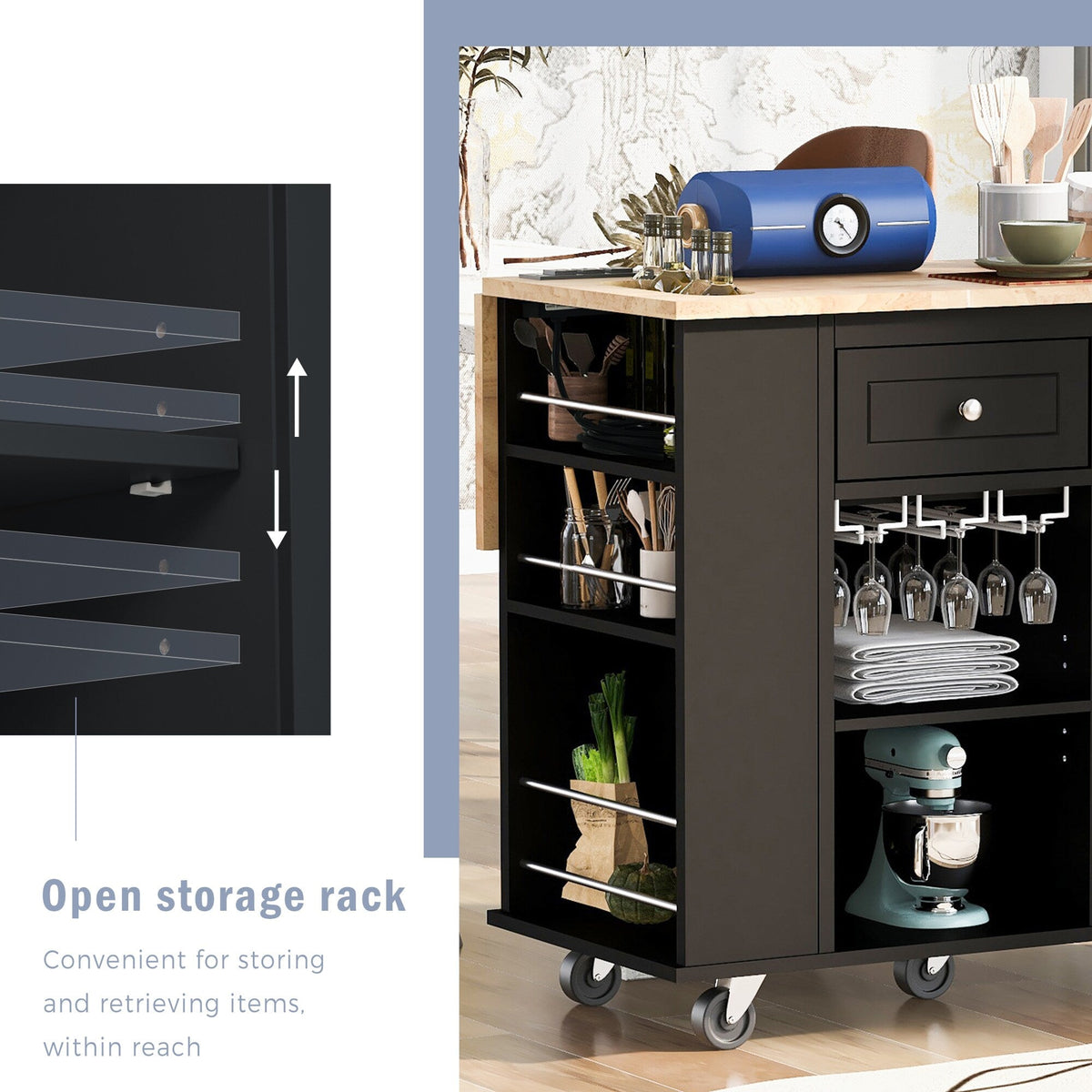 ModernLuxe Black Wood Base with Wood Top Rolling Kitchen Island (29.33-in x 39.8-in x 33.7-in)