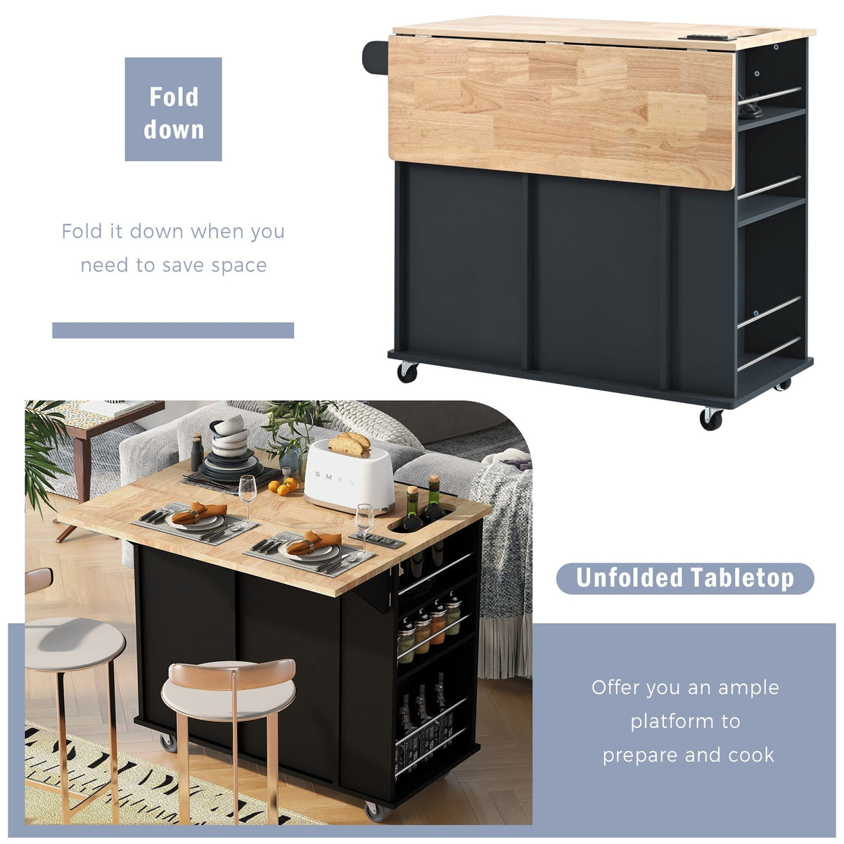 ModernLuxe Black Wood Base with Wood Top Rolling Kitchen Island (29.33-in x 39.8-in x 33.7-in)