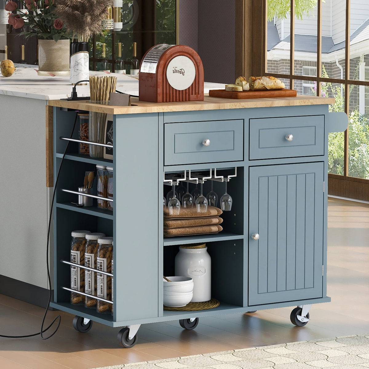 ModernLuxe Blue Wood Base with Wood Top Rolling Kitchen Island (29.33-in x 39.8-in x 33.7-in)