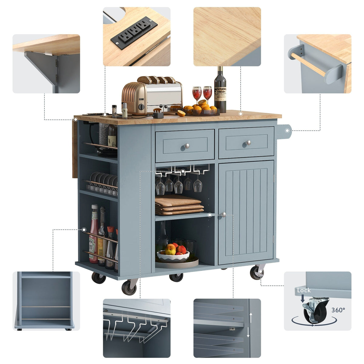 ModernLuxe Blue Wood Base with Wood Top Rolling Kitchen Island (29.33-in x 39.8-in x 33.7-in)