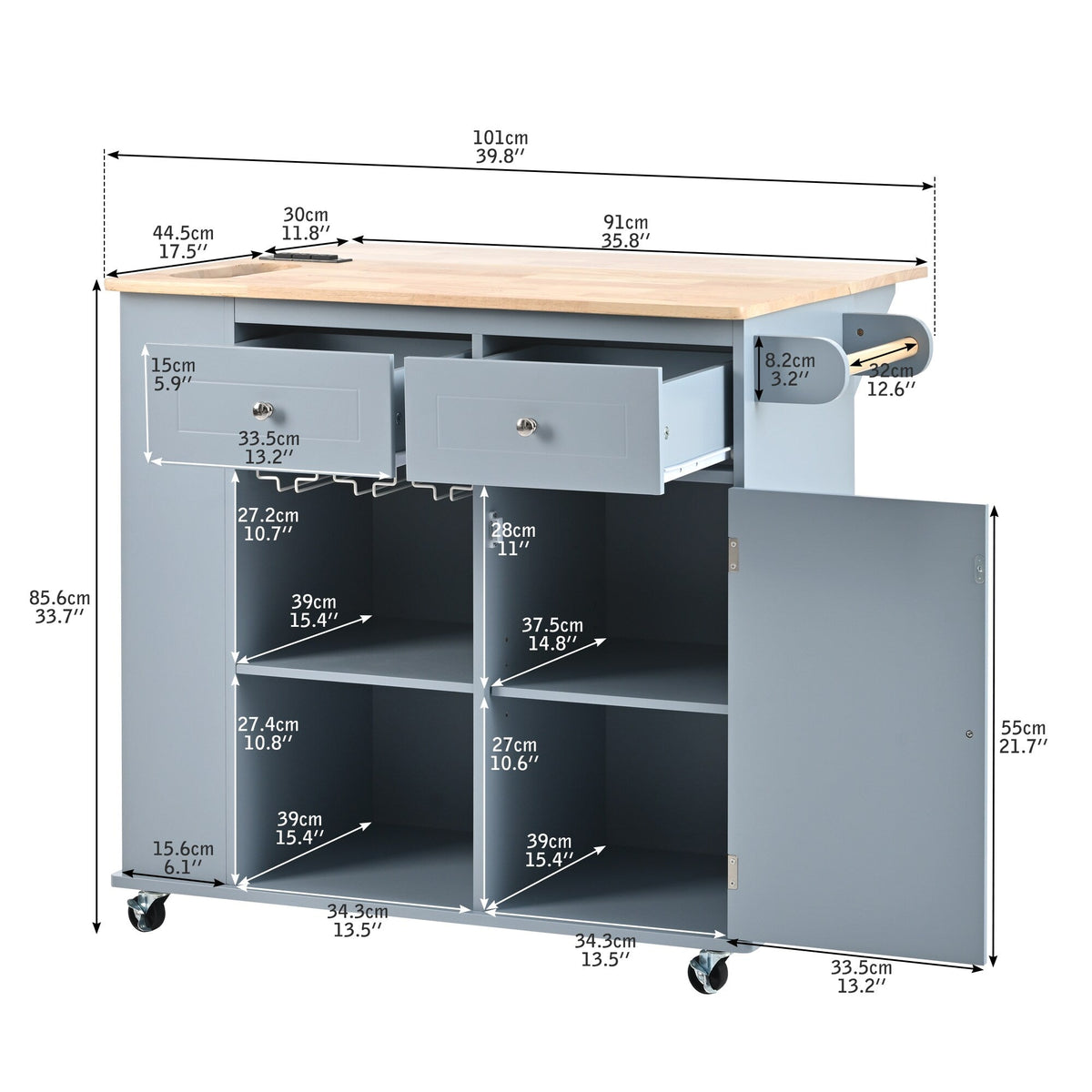 ModernLuxe Blue Wood Base with Wood Top Rolling Kitchen Island (29.33-in x 39.8-in x 33.7-in)