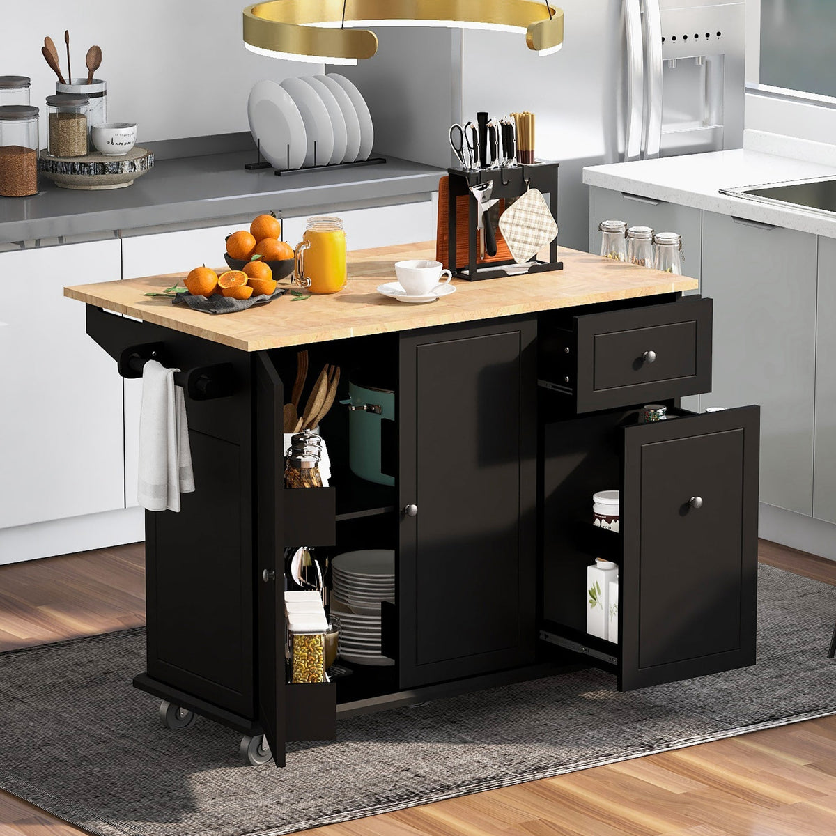 ModernLuxe Black Wood Base with Wood Top Rolling Kitchen Island (28.74-in x 53.94-in x 36.81-in)