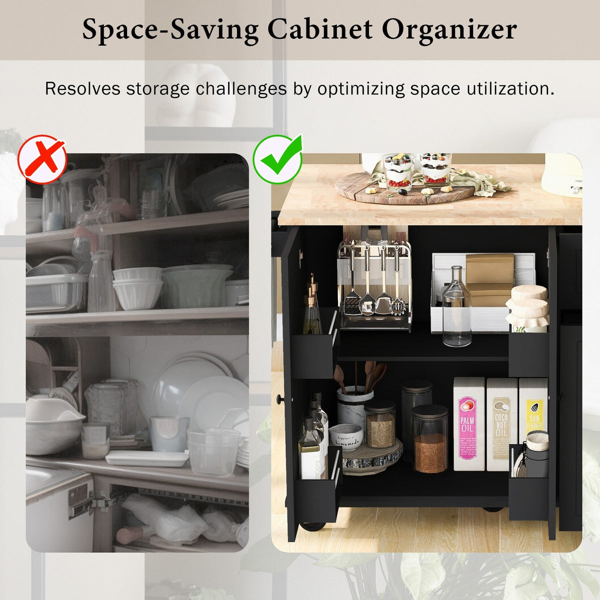 ModernLuxe Black Wood Base with Wood Top Rolling Kitchen Island (28.74-in x 53.94-in x 36.81-in)
