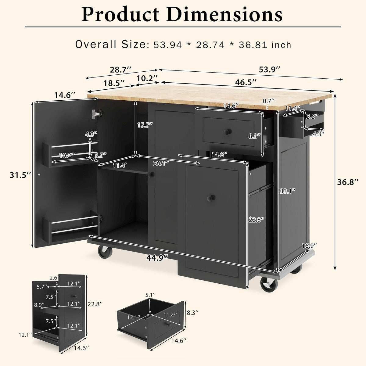 ModernLuxe Black Wood Base with Wood Top Rolling Kitchen Island (28.74-in x 53.94-in x 36.81-in)