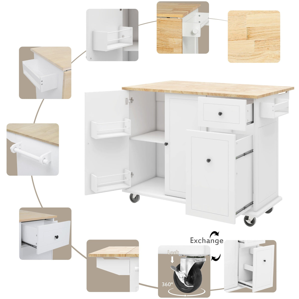 ModernLuxe White Wood Base with Wood Top Rolling Kitchen Island (28.74-in x 53.94-in x 36.81-in)