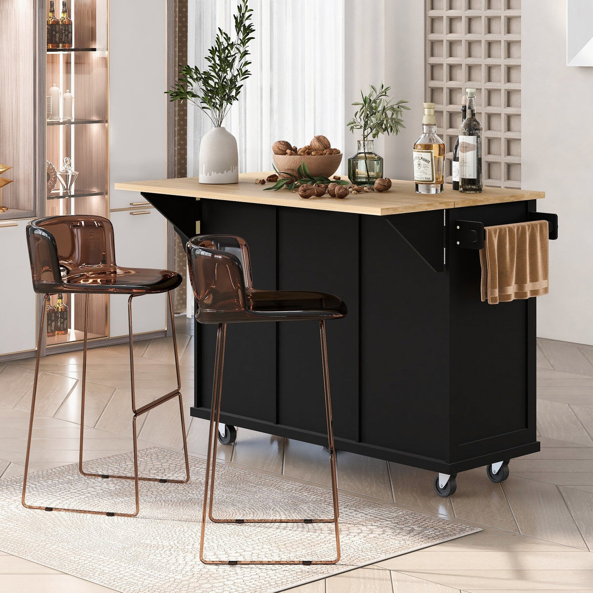 ModernLuxe Black Wood Base with Wood Top Rolling Kitchen Island (29.5-in x 53.1-in x 37.2-in)