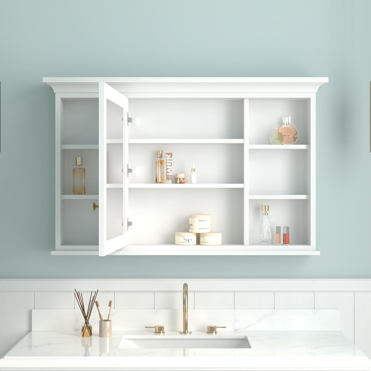 Forclover 48-in x 30-in Surface Mount White Mirrored Soft Close Medicine Cabinet
