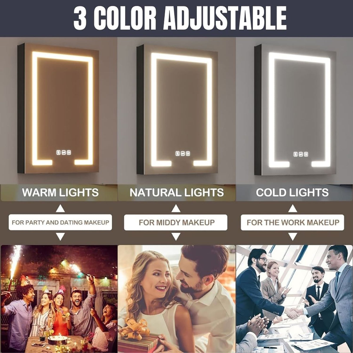 waterpar 24-in x 36-in Lighted LED Fog Free Surface/Recessed Mount Black Mirrored Soft Close Medicine Cabinet with Outlet