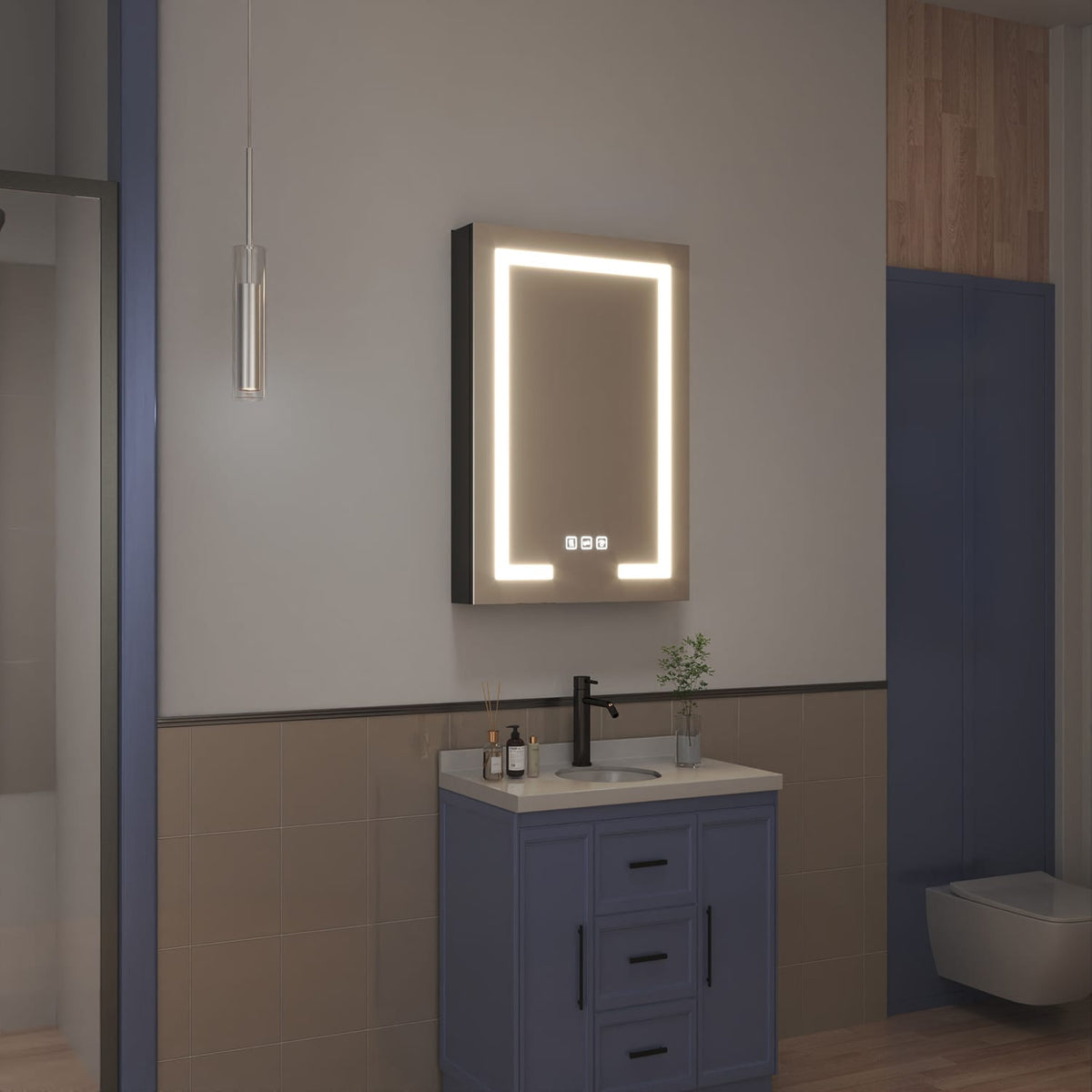 waterpar 24-in x 36-in Lighted LED Fog Free Surface/Recessed Mount Black Mirrored Soft Close Medicine Cabinet with Outlet