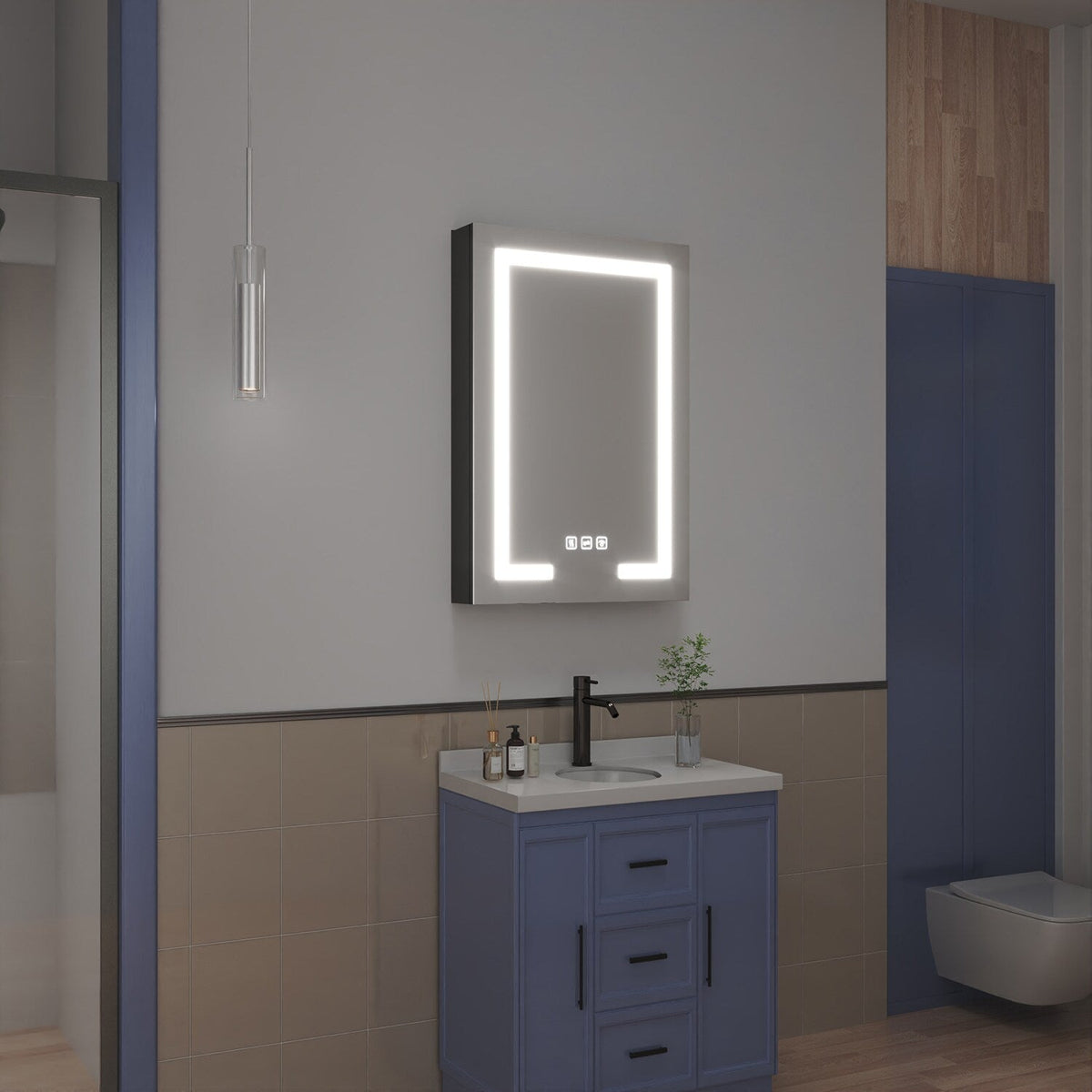 waterpar 24-in x 36-in Lighted LED Fog Free Surface/Recessed Mount Black Mirrored Soft Close Medicine Cabinet with Outlet