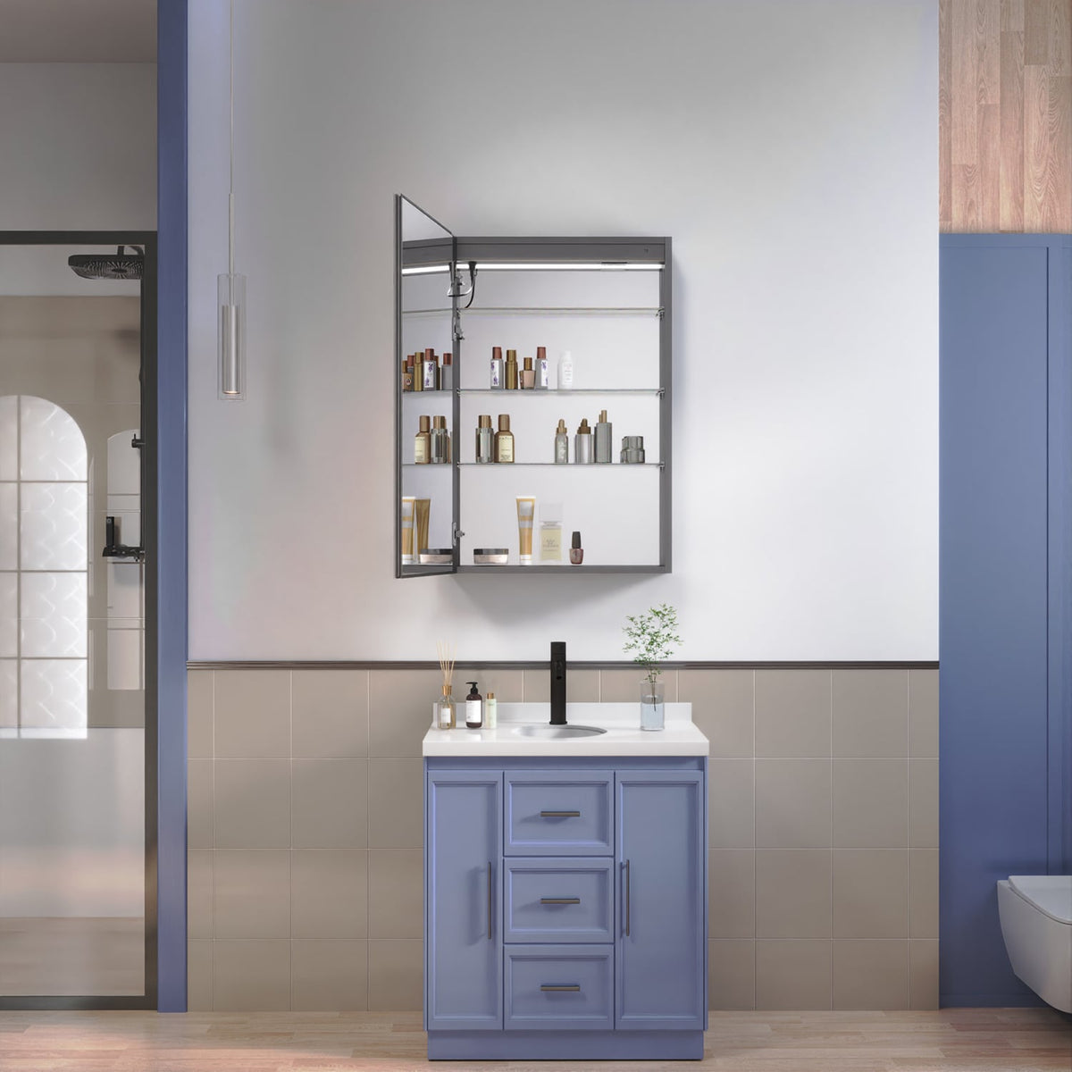waterpar 24-in x 36-in Lighted LED Fog Free Surface/Recessed Mount Black Mirrored Soft Close Medicine Cabinet with Outlet