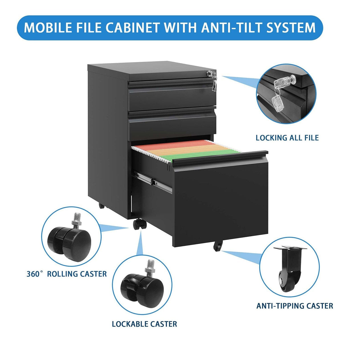 Sumyeg File Cabinet Black 3-Drawer 14.57-in File Cabinet