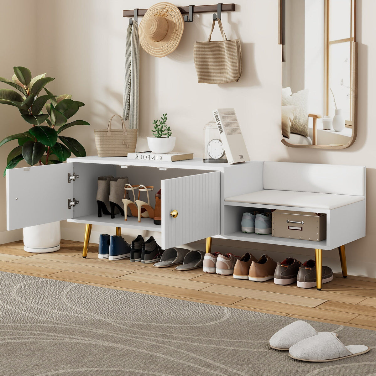 Qualler Modern White Storage Bench with Storage 54.3-in x 15-in x 19.3-in