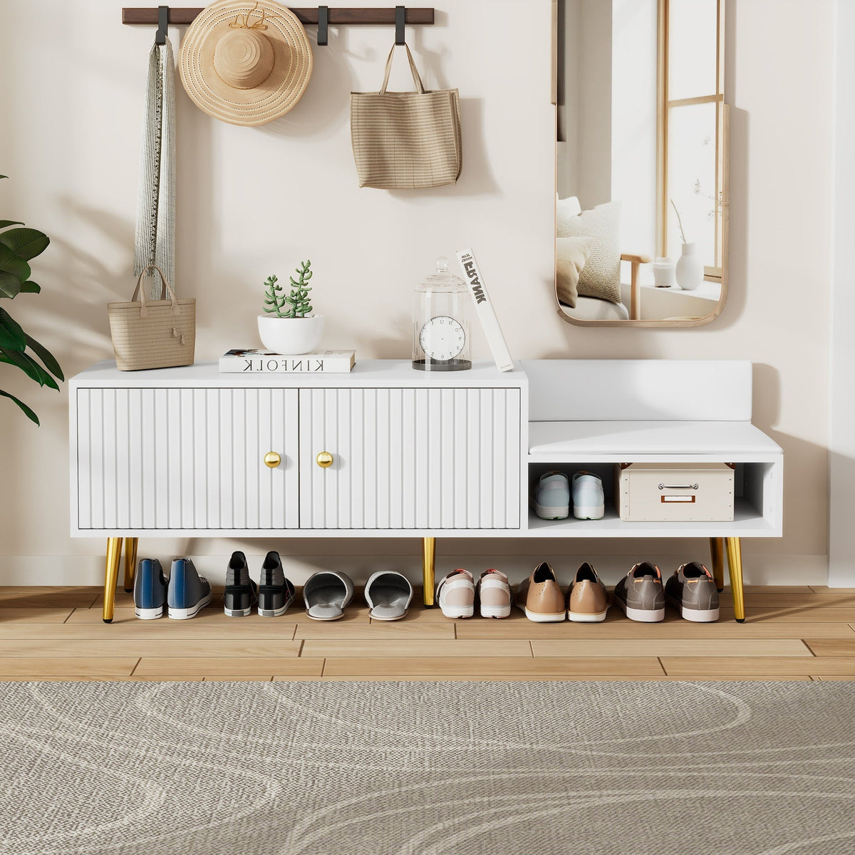 Qualler Modern White Storage Bench with Storage 54.3-in x 15-in x 19.3-in