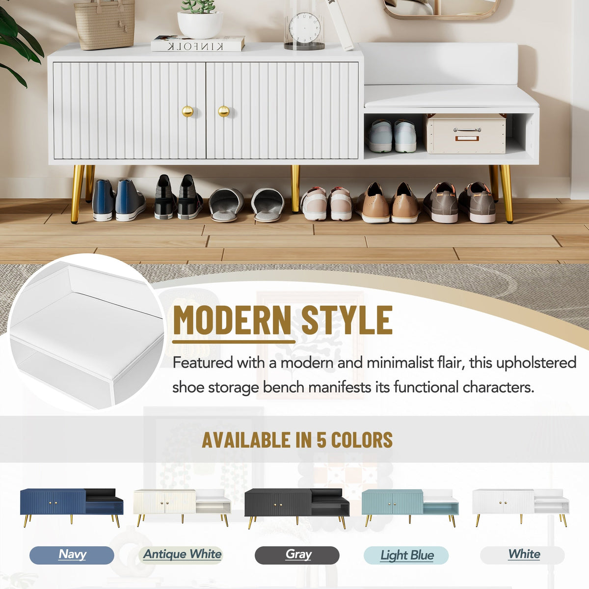 Qualler Modern White Storage Bench with Storage 54.3-in x 15-in x 19.3-in