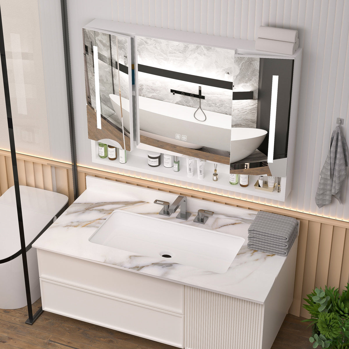 WELLFOR 40-in x 28-in Lighted LED Fog Free Surface Mount White Mirrored Soft Close Medicine Cabinet