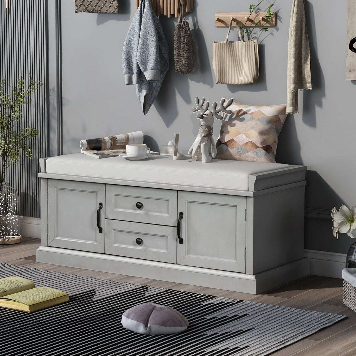 Qualler Modern Gray Wash Storage Bench with Storage 42.5-in x 15.9-in x 17.5-in