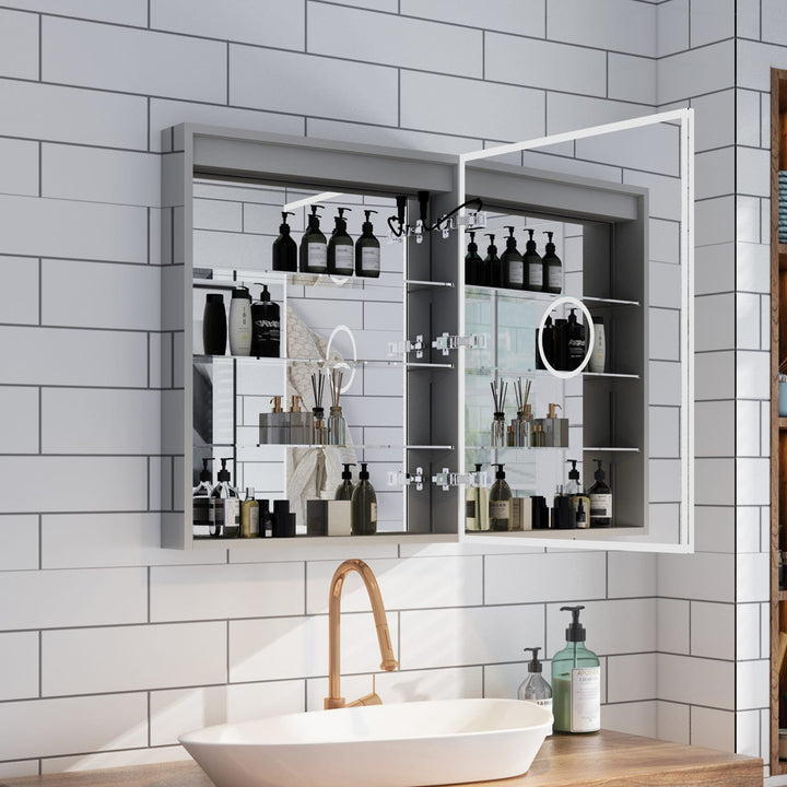 WELLFOR 24-in x 30-in Lighted LED Fog Free Surface/Recessed Mount Aluminum Mirrored Soft Close Medicine Cabinet