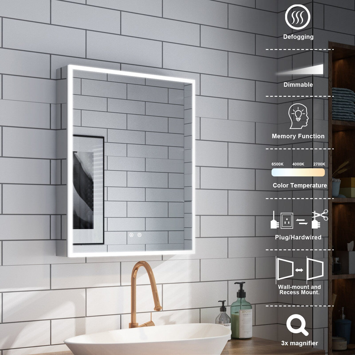 WELLFOR 24-in x 30-in Lighted LED Fog Free Surface/Recessed Mount Aluminum Mirrored Soft Close Medicine Cabinet