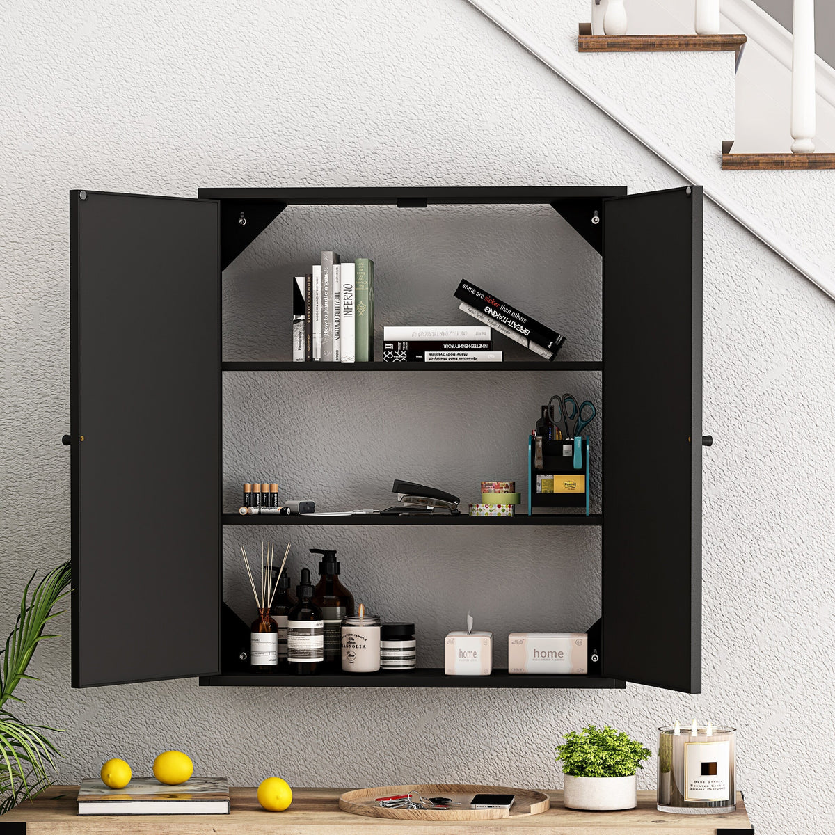 WELLFOR 24-in x 28-in Surface Mount Black Mirrored Soft Close Medicine Cabinet