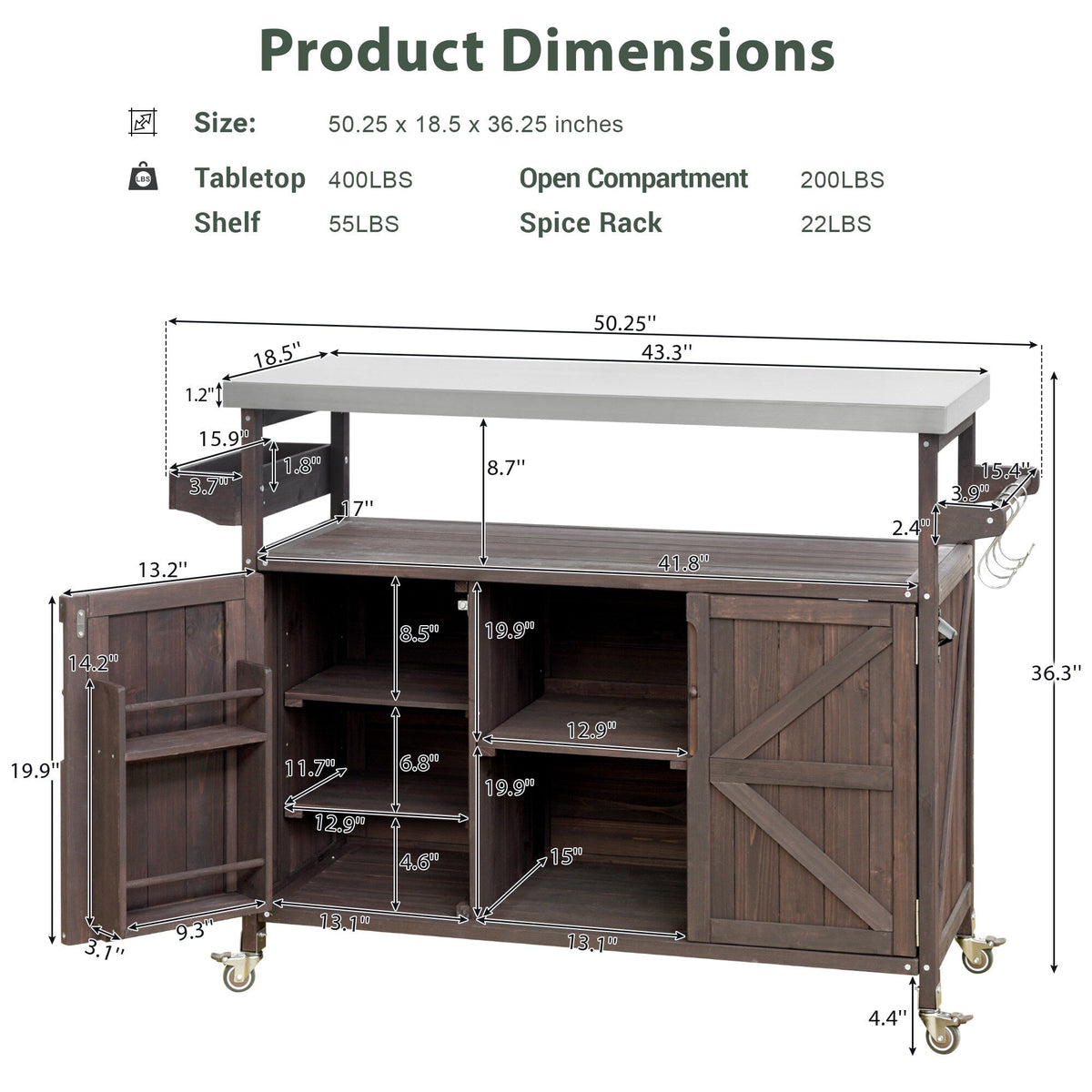 BABOOM Brown Wood Base with Stainless Steel Metal Top Rolling Kitchen Island (18.5-in x 50.25-in x 36.3-in)