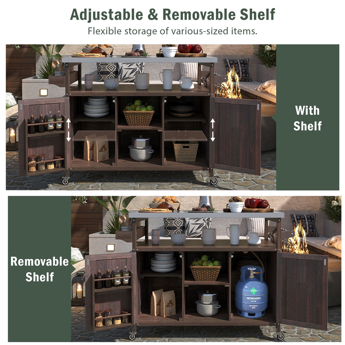 BABOOM Brown Wood Base with Stainless Steel Metal Top Rolling Kitchen Island (18.5-in x 50.25-in x 36.3-in)