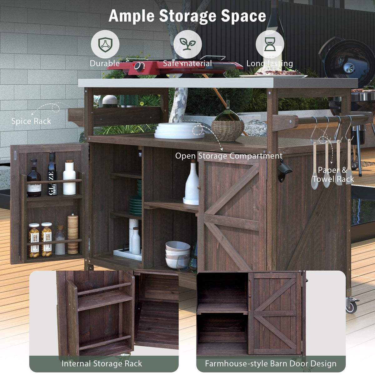 BABOOM Brown Wood Base with Stainless Steel Metal Top Rolling Kitchen Island (18.5-in x 50.25-in x 36.3-in)