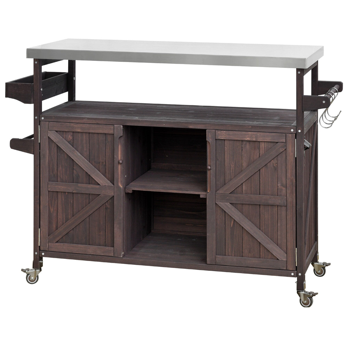 BABOOM Brown Wood Base with Stainless Steel Metal Top Rolling Kitchen Island (18.5-in x 50.25-in x 36.3-in)