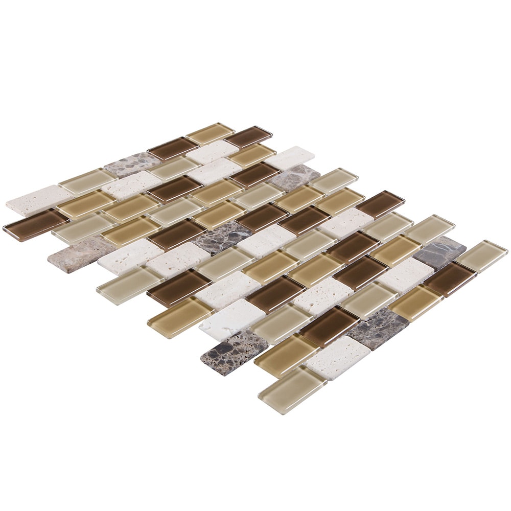 Elida Ceramica Carmel 12-in x 12-in Glossy Glass/Stone Travertine Brick Mosaic Wall Tile