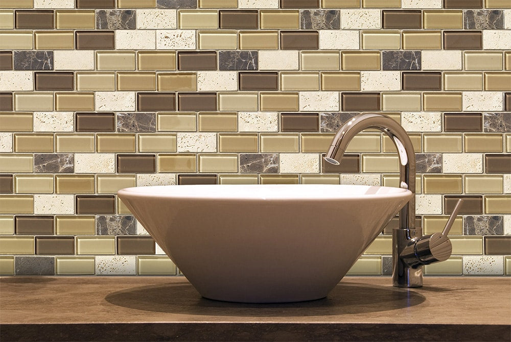Elida Ceramica Carmel 12-in x 12-in Glossy Glass/Stone Travertine Brick Mosaic Wall Tile