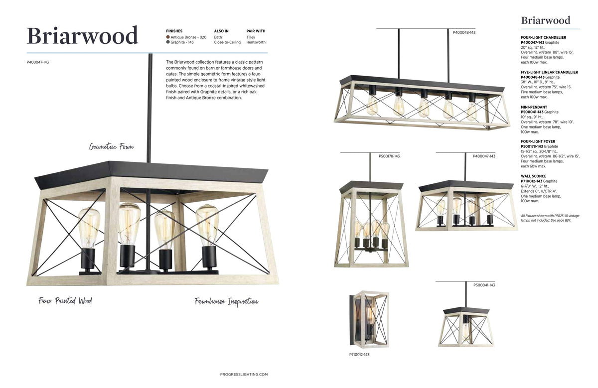 Progress Lighting Briarwood 4-Light Textured Black Farmhouse Rectangle Medium Hanging Pendant Light
