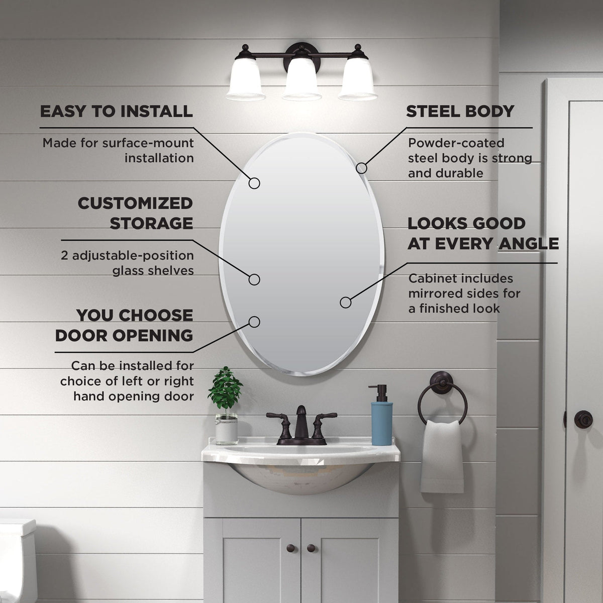 allen + roth 21-in x 31-in Surface Mount Frameless Mirrored Oval Medicine Cabinet