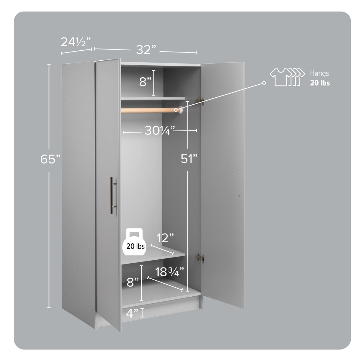 Prepac Elite 32-in W x 65-in H Wood Composite Light Gray Freestanding Utility Storage Cabinet