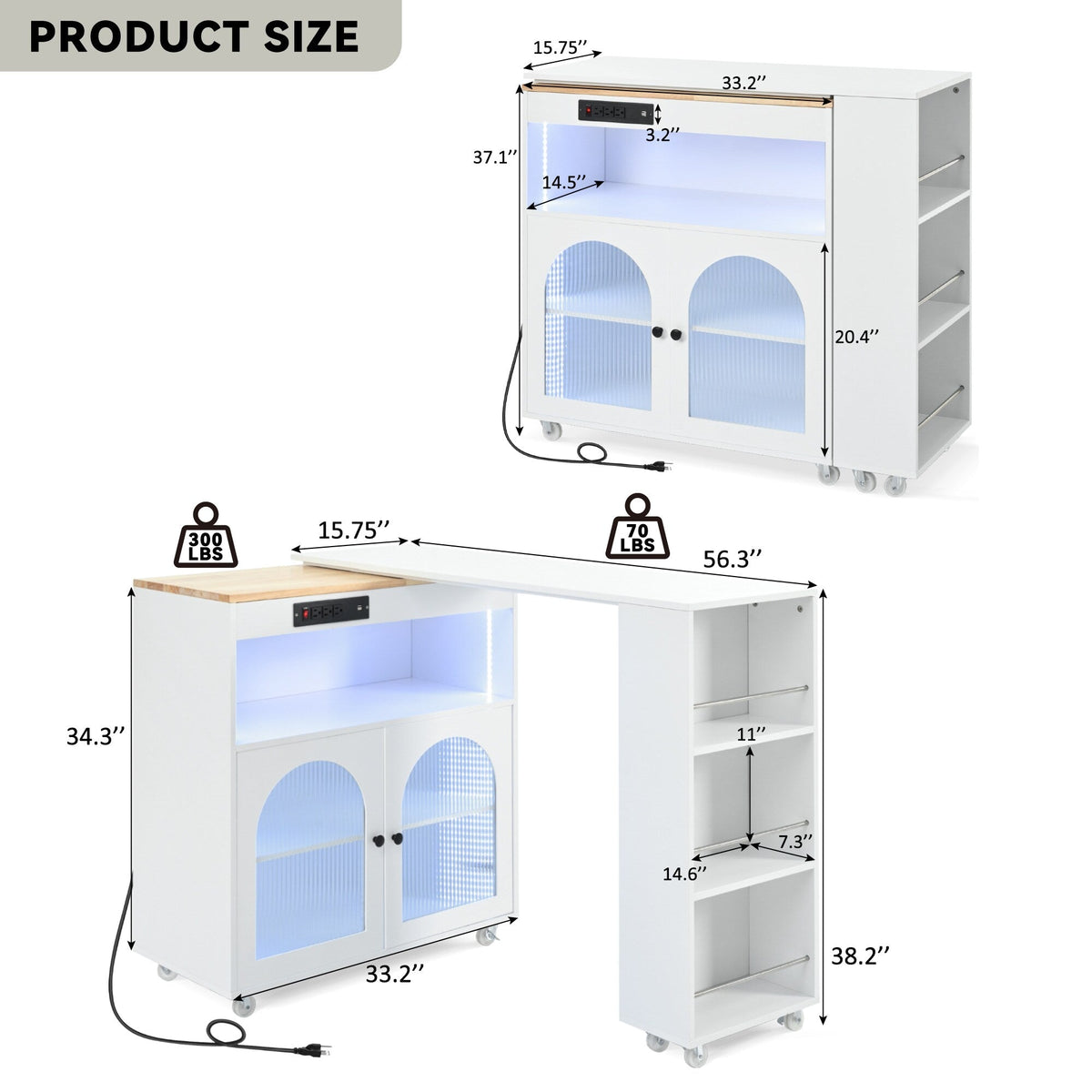 BABOOM White Mdf Base with Wood Top Rolling Kitchen Island (15.75-in x 56.3-in x 38.2-in)