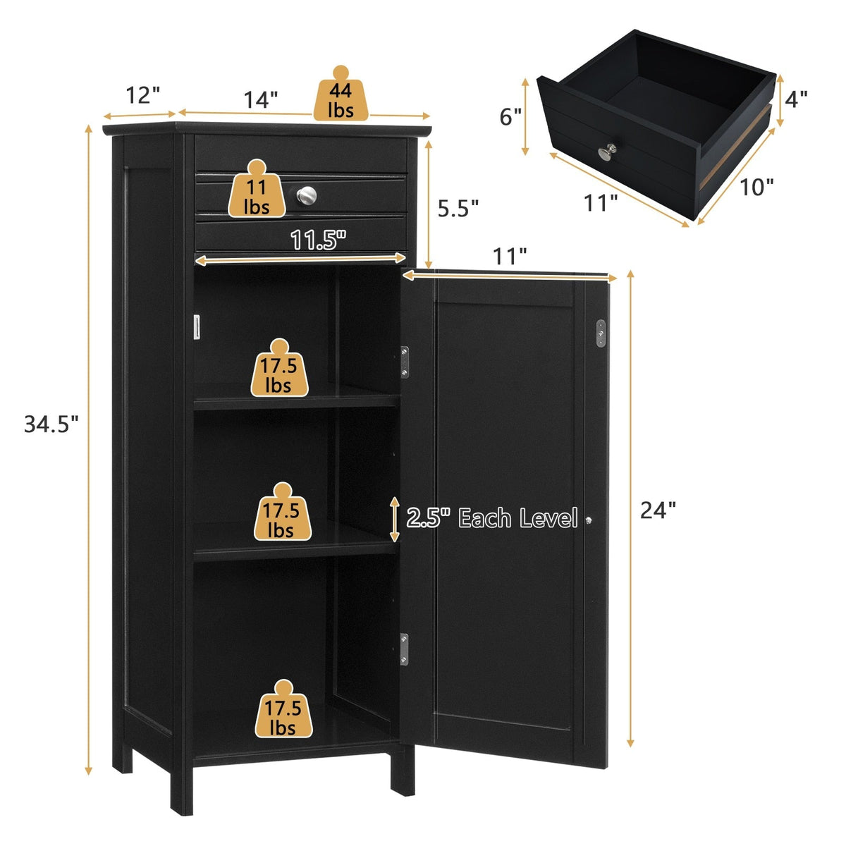 WELLFOR 14-in x 34.5-in x 12-in Black Freestanding Corner Linen Cabinet