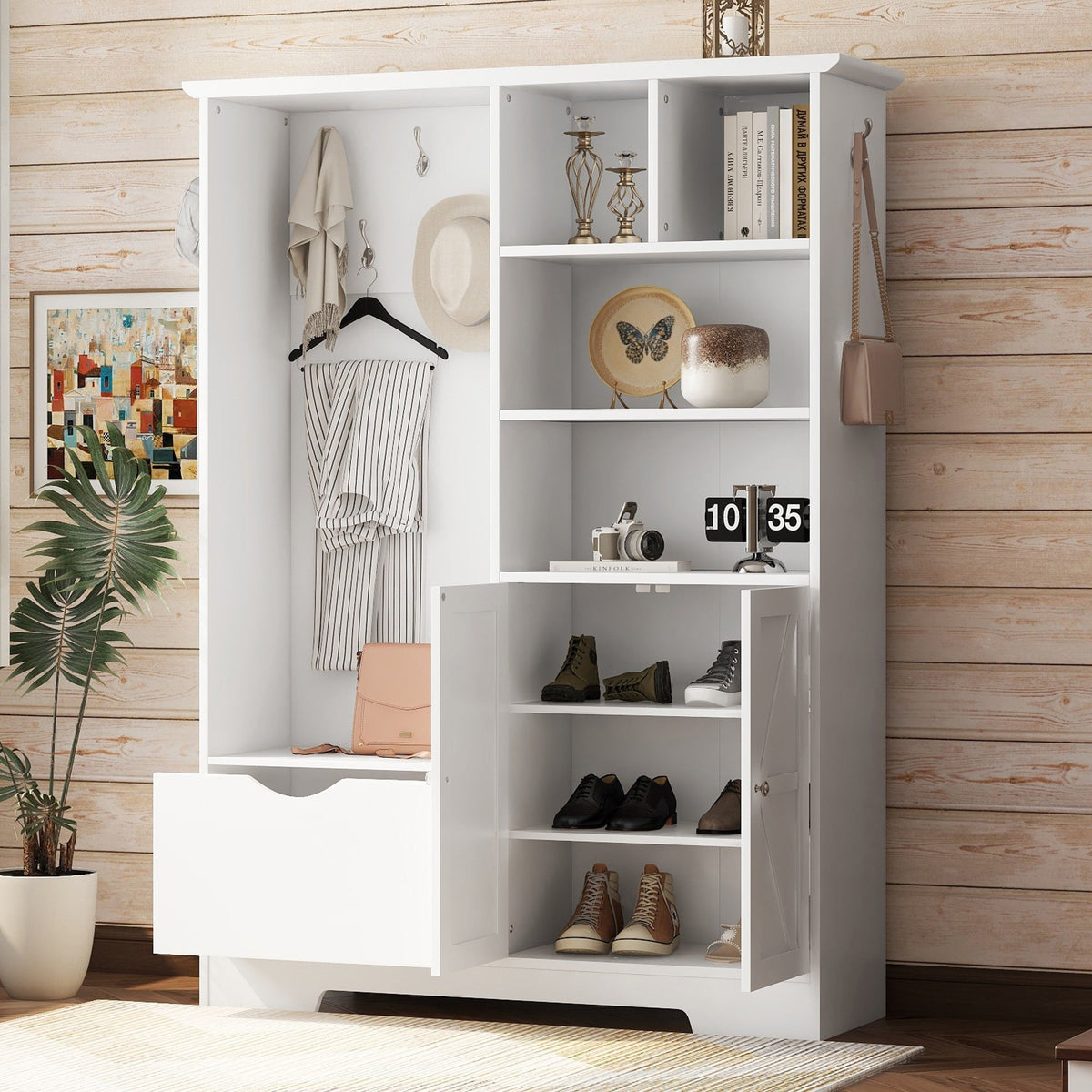 SINOFURN Contemporary White Hall Tree with Cabinet Storage, Bench, and 5 Hooks