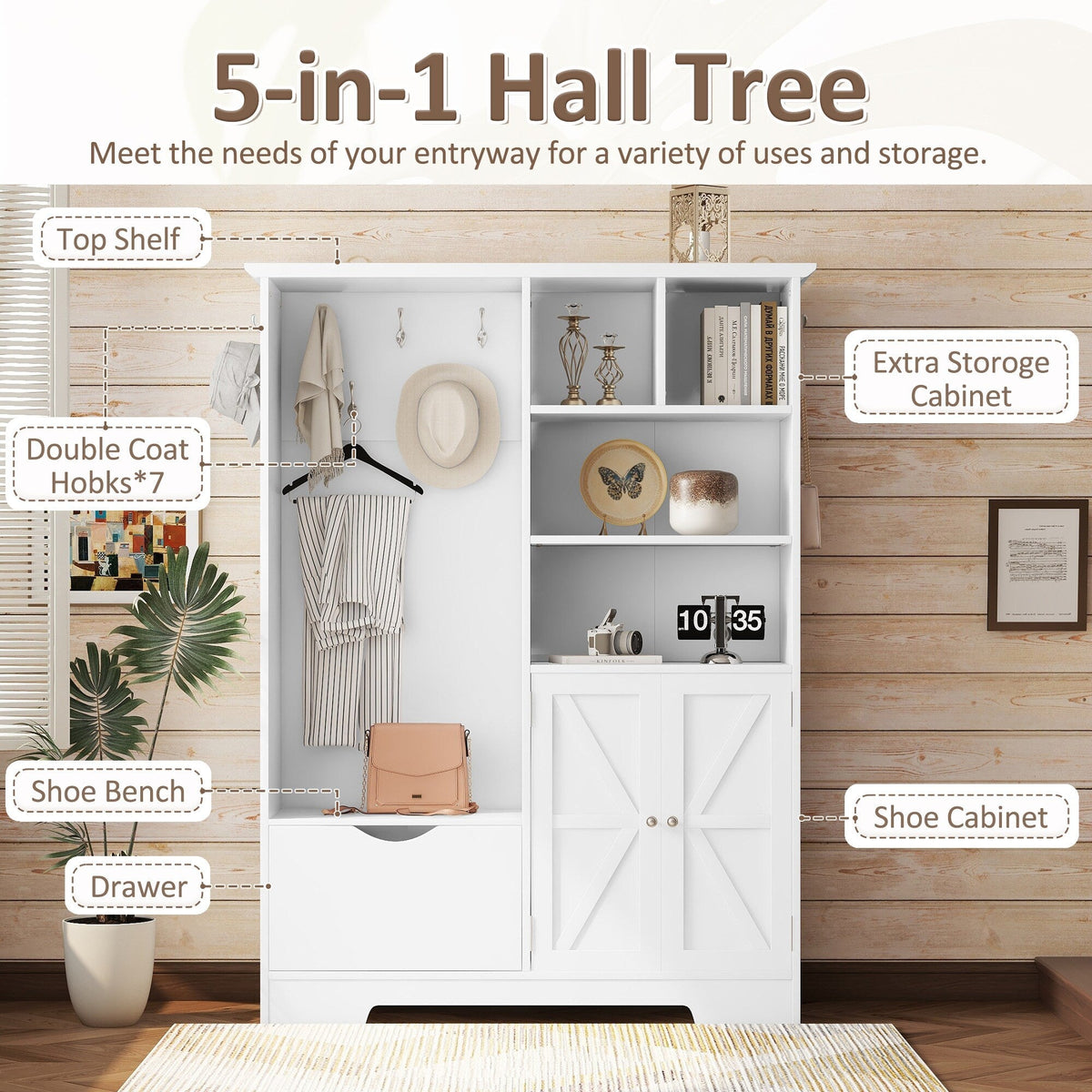 SINOFURN Contemporary White Hall Tree with Cabinet Storage, Bench, and 5 Hooks