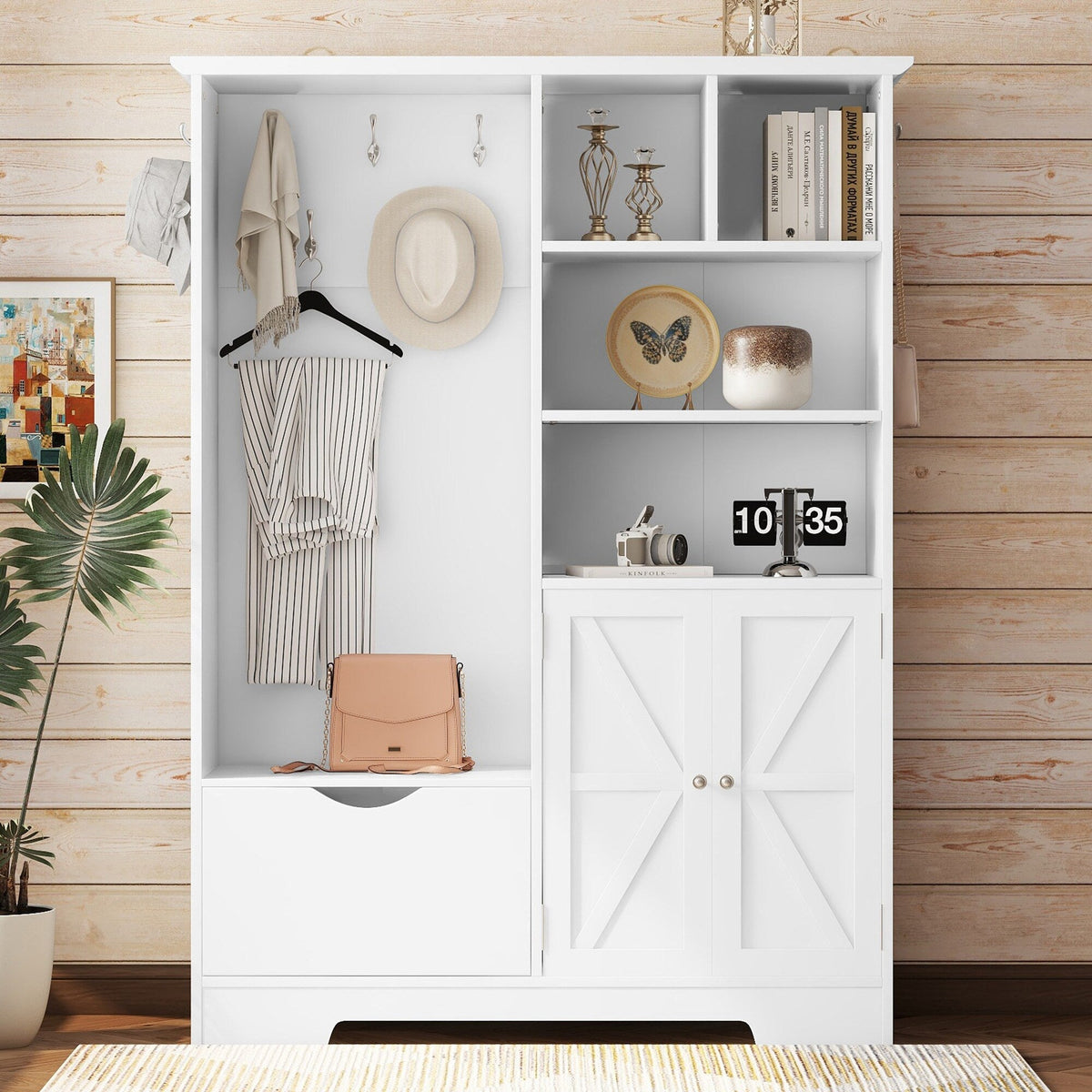 SINOFURN Contemporary White Hall Tree with Cabinet Storage, Bench, and 5 Hooks