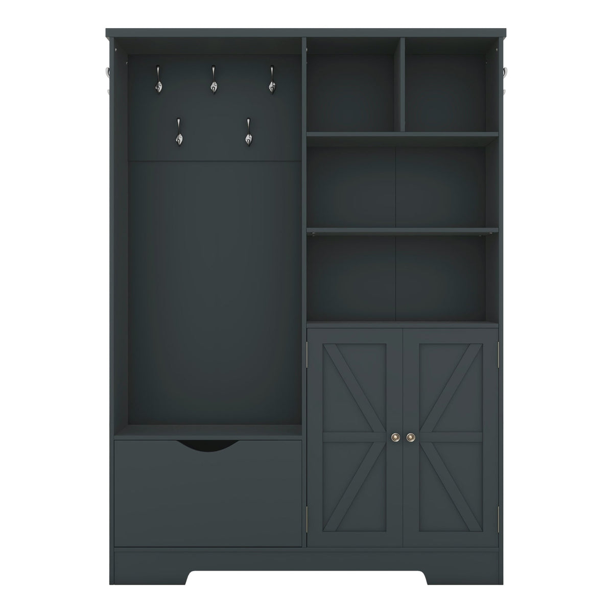 SINOFURN Antique Blue Hall Tree with Bench, Cabinet, Shelves, and Hooks - 73.2-in H x 52.7-in L x 15.7-in D