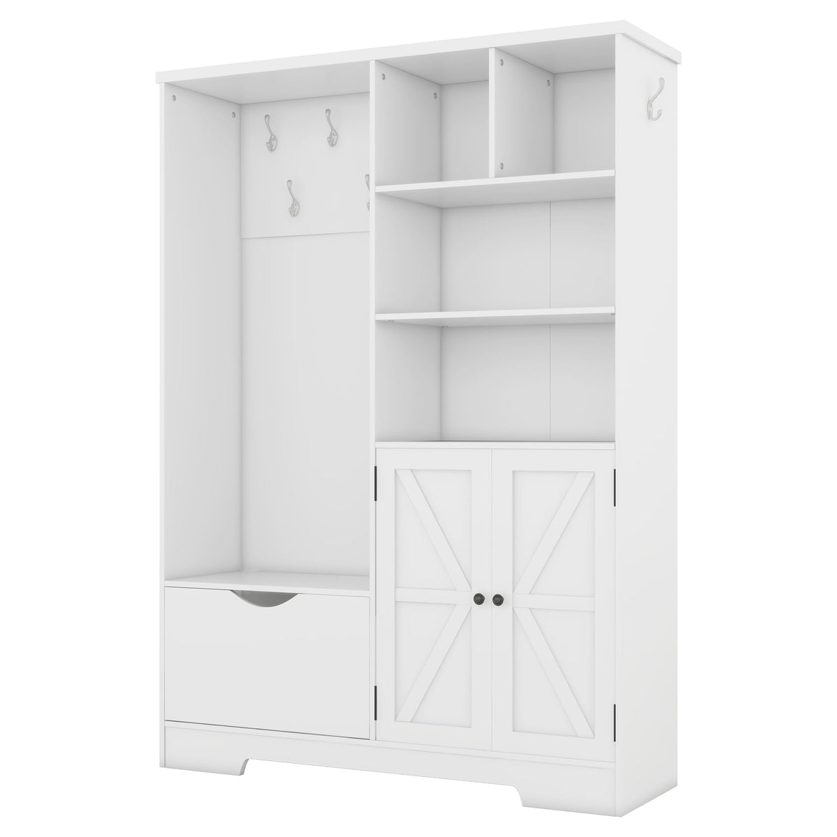 SINOFURN Contemporary White Hall Tree with Cabinet Storage, Bench, and 5 Hooks