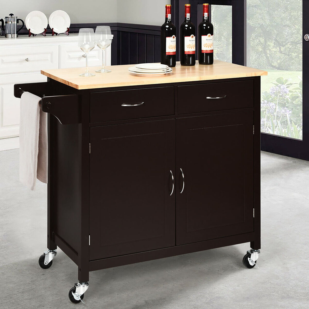 Costway Black Wood Base with Wood Top Rolling Kitchen Cart (19-in x 43-in x 35.5-in)