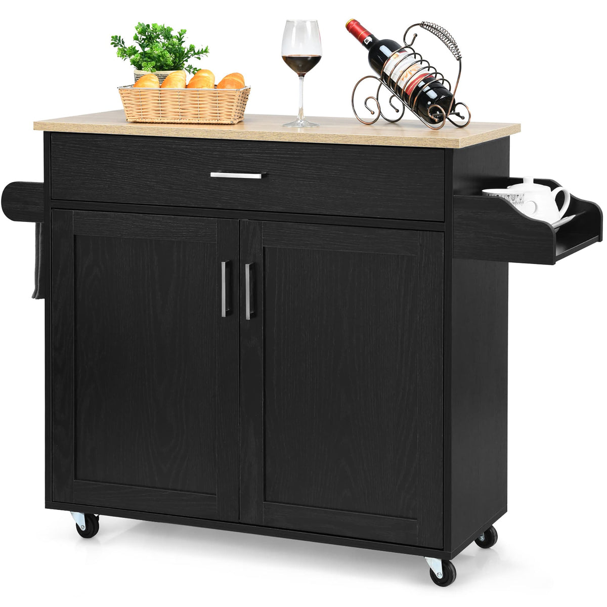 Costway Black Wood Base with Mdf Wood Top Rolling Kitchen Island (16-in x 45.5-in x 33.5-in)