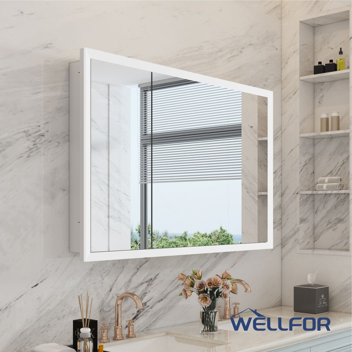 WELLFOR 48-in x 32-in x 5.6-in Silver Soft Close Bathroom Wall Cabinet