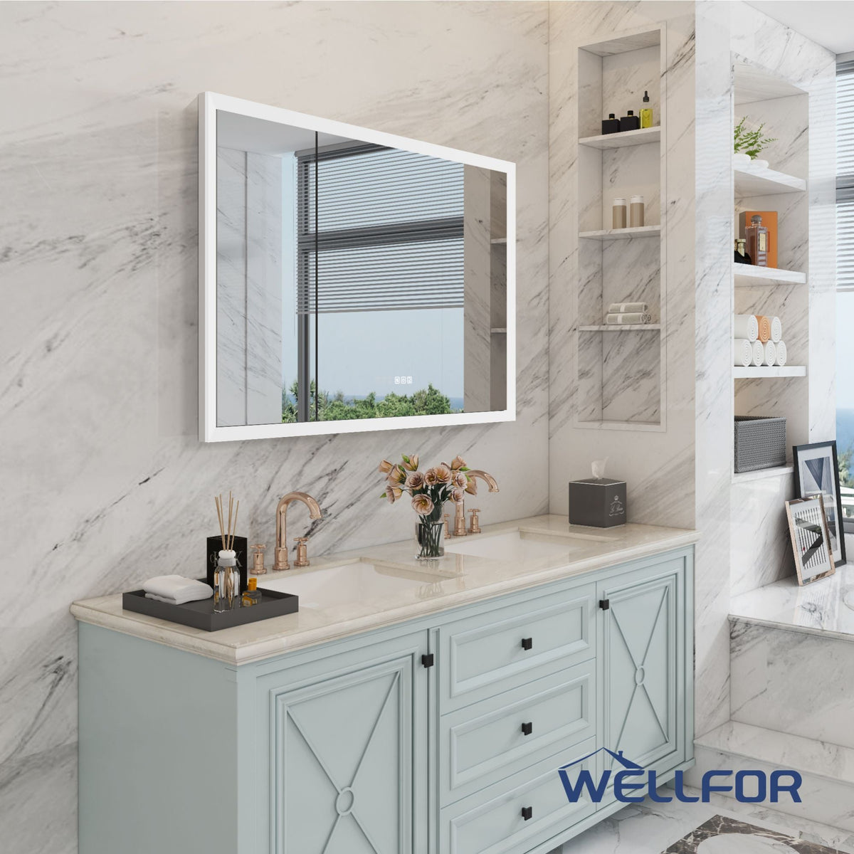 WELLFOR 48-in x 32-in x 5.6-in Silver Soft Close Bathroom Wall Cabinet