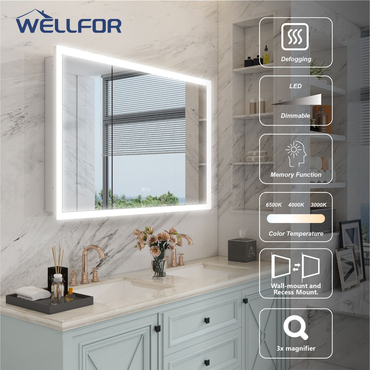 WELLFOR 48-in x 32-in x 5.6-in Silver Soft Close Bathroom Wall Cabinet