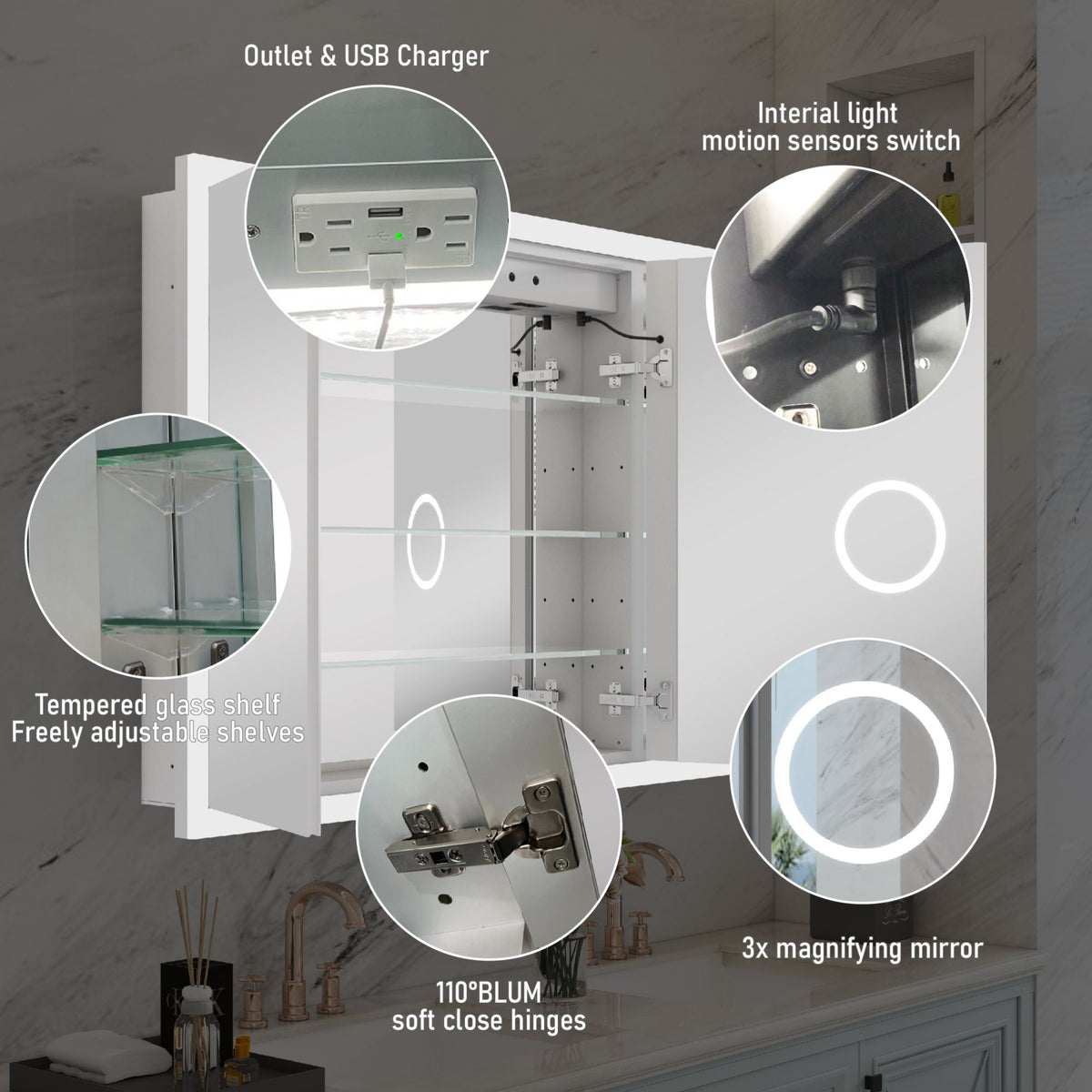 WELLFOR 48-in x 32-in x 5.6-in Silver Soft Close Bathroom Wall Cabinet