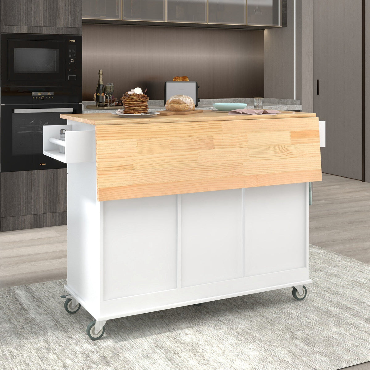 Xspracer White Mdf Base with Wood Top Rolling Kitchen Island (30-in x 53-in x 37-in)