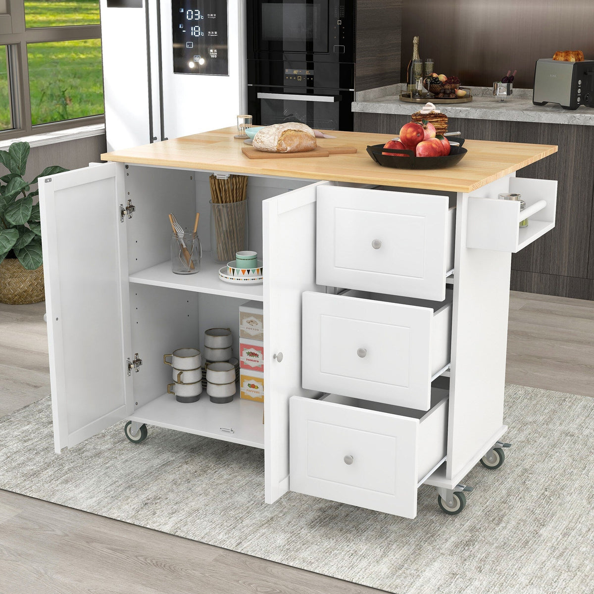 Xspracer White Mdf Base with Wood Top Rolling Kitchen Island (30-in x 53-in x 37-in)