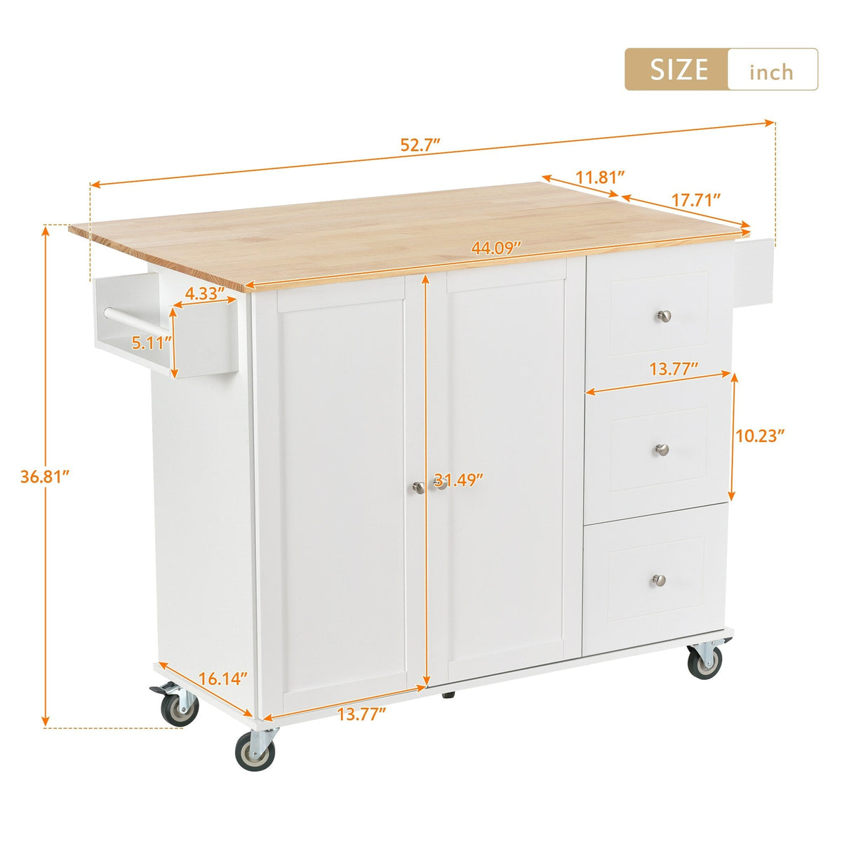 Xspracer White Mdf Base with Wood Top Rolling Kitchen Island (30-in x 53-in x 37-in)