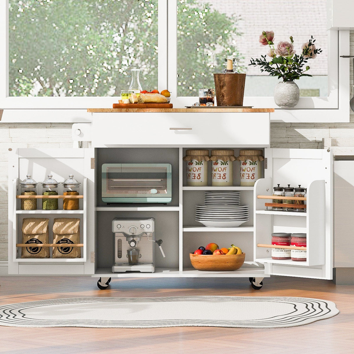 Xspracer White Mdf Base with Wood Top Rolling Kitchen Island (26-in x 39-in x 34-in)